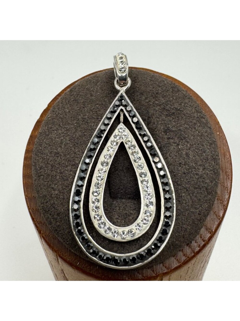 Black & White Cubic Zirconia Teardrop Pendant 925 Sterling Silver 1.75" Length